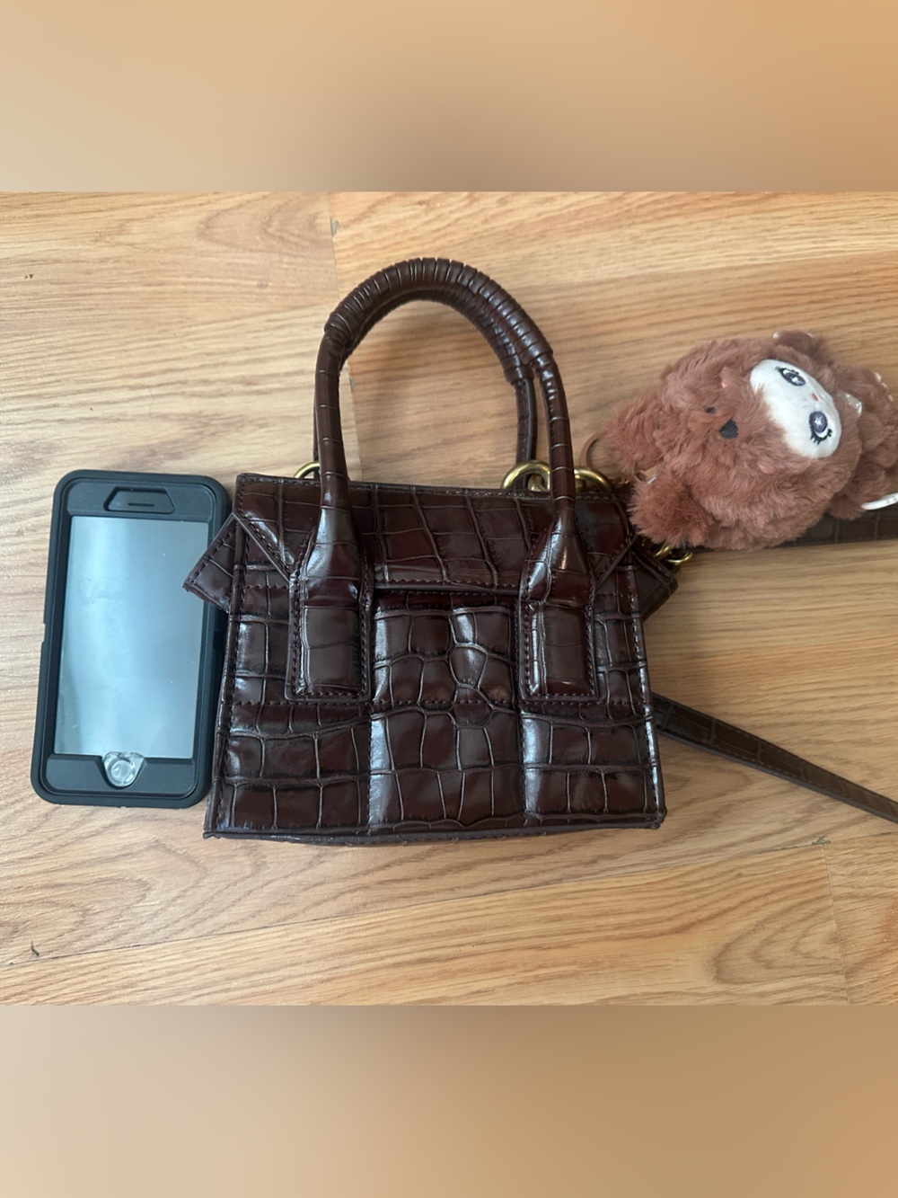 Zara Dark Brown Croc-Embossed Top-Handle Bag - Picture 7 of 7